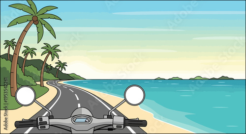 Scooter ride on tropical coast road, palm trees, ocean, islands, blue sky, summer vacation