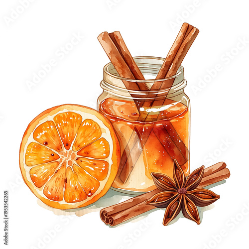 Homemade orange jam with cinnamon and star anise on a clean background