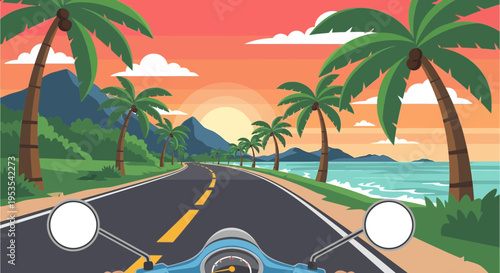 Scooter ride on tropical island road at sunset, ocean and mountains view