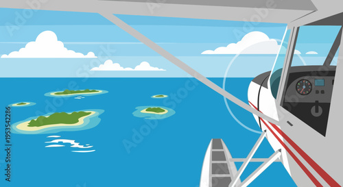 Seaplane flying over tropical islands in blue ocean, aerial view