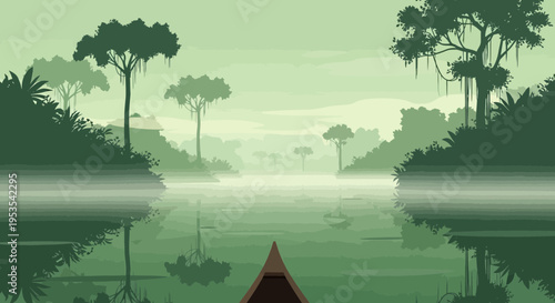 Serene Amazon Rainforest River Journey, Lush Greenery, Misty Atmosphere, Pixel Art Style