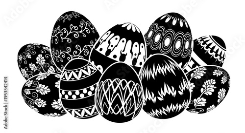 Collection of intricately decorated Easter eggs in black and white.