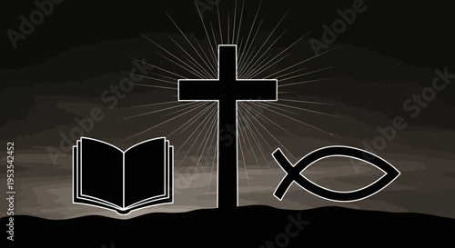 Christian symbols - cross, Bible, and Ichthys fish.