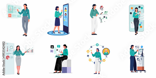 Illustrations of female doctors using advanced digital health technology, telemedicine platforms, and medical data interfaces for modern healthcare services.