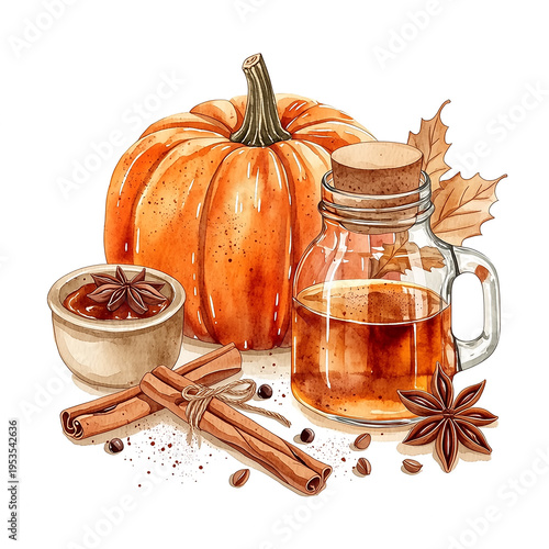 Pumpkin and spices with glass jar in autumn setting for seasonal drinks and recipes