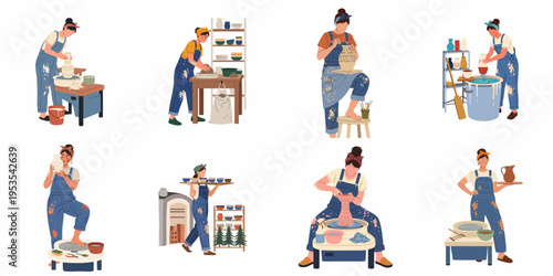 Flat vector illustration set of a female ceramic artist working in a pottery studio, crafting clay pots, vases, and bowls on a wheel.