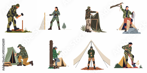 A collection of illustrations showing people in camouflage clothing engaged in survival activities, bushcraft techniques, camping, and outdoor wilderness exploration.