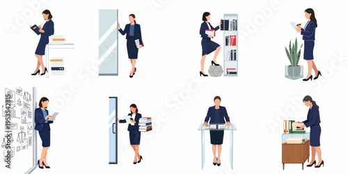 Vector illustration set of a professional businesswoman engaged in various office activities including filing, organizing documents, analyzing data, and managing tasks.