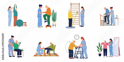 Set of Illustrations Showing Elderly People Performing Various Physical Therapy and Rehabilitation Exercises Assisted by Healthcare Professionals.