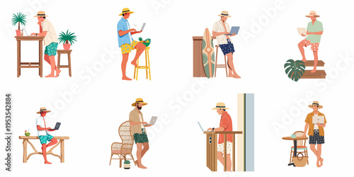 A collection of illustrations showing men working on laptops in various tropical and summer vacation settings, representing the digital nomad lifestyle.