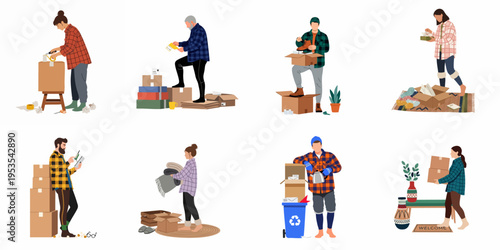 Diverse group of people packing, unpacking, and organizing cardboard boxes for moving house, relocation, or decluttering, isolated on a white background.