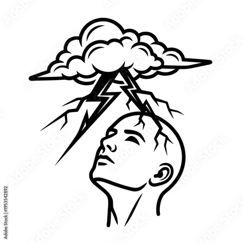 Mental Stress Thunderstorm Brain Anxiety Concept Line Icon Vector Illustration