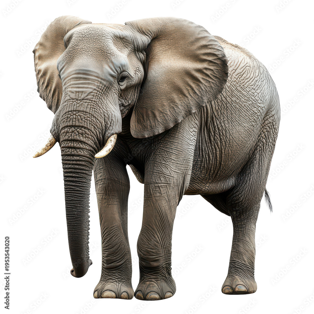 Obraz premium Elephant standing in a natural position showing its large ears and trunk while looking directly at the viewer in an open field during bright daylight