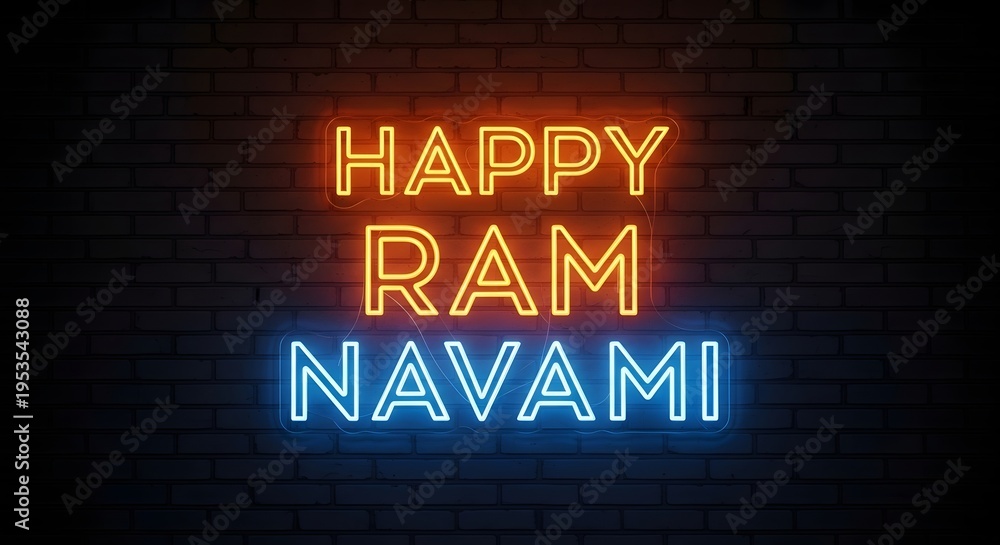 Obraz premium Happy Ram Navami Neon Sign Glowing Text on Dark Brick Wall Festive Greeting Design