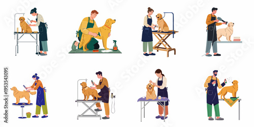 Set of professional pet groomers cutting, brushing, and styling golden retriever dogs in a grooming salon, flat vector illustration.
