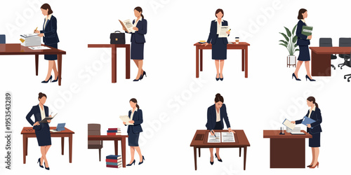Set of professional businesswoman or lawyer illustrations in various office scenes signing contracts reviewing documents and managing corporate legal tasks