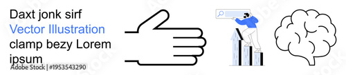 Business strategy, growth ideas, analytics, creativity, productivity, and problem-solving. A hand icon, brain outline and person analyzing data chart. Business strategy and growth concepts