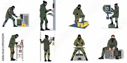 Set of vector illustrations featuring a tactical operative performing physical security breaches, hardware hacking, and industrial sabotage on various computer systems.