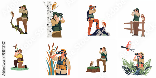 Set of illustrations showing people birdwatching owls in various outdoor settings using binoculars for nature observation and wildlife study.