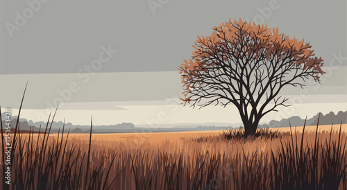 A serene vector illustration of a lone autumn tree in a vast, dry grassland under a muted, cloudy sky, showcasing nature's beauty
