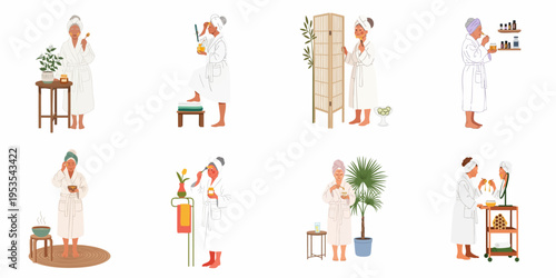 Illustrations of women of different ages in white bathrobes practicing self-care with natural honey-based beauty treatments and skincare routines.