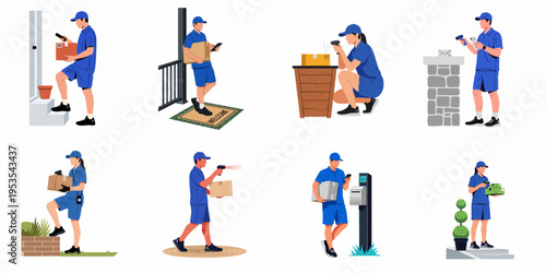 Vector set of male and female delivery couriers in blue uniforms scanning and delivering packages to various homes, isolated on white background.