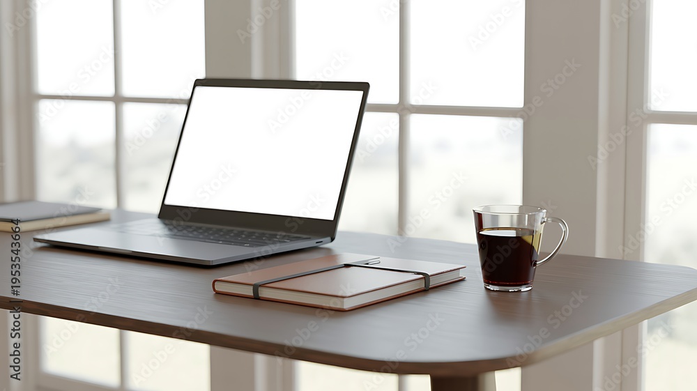 Fototapeta premium Modern laptop with blank screen on a dark wooden desk and coffee by a large window