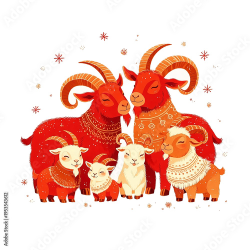 Cute goats gather together in a cozy setting with colorful designs on their fur and warm expressions during a festive time