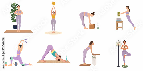 Flat vector illustration set of women practicing various yoga poses and mindfulness activities at home with props and plants.