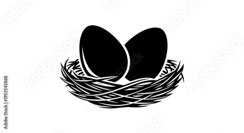 Two eggs nestled in a birds nest, simple black and white illustration.
