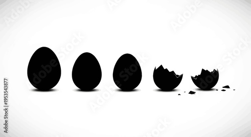 Black eggs in a row, with one broken, symbolizing fragility and change.