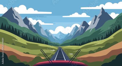 Train journey through majestic mountains and green valleys, adventure travel.