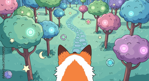 Whimsical Fox in Enchanted Forest with Glowing Trees and Stars