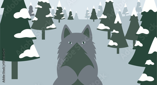 Winter Wolf Hiding in Snowy Forest Trees - Flat Design