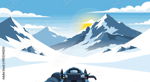 Snowmobile riding through majestic snow-capped mountains on a sunny day