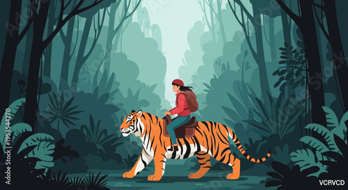Woman Riding Tiger Through Lush Jungle Forest Adventure