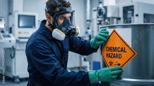 Technician applying a verbatim diamond-shaped label CHEMICAL HAZARD. Close-up on biohazard packaging for hazmat disposal and chemical waste handling compliance.