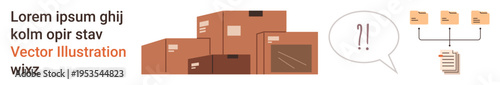 Warehouse management, logistics, file organization, supply chain, shipping, data sharing. Cardboard boxes and a system with folders and connected documents. Warehouse logistics and file organization