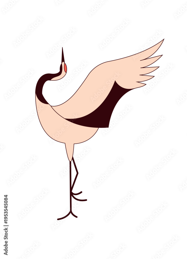Fototapeta premium Standing Crane Bird Clip Art Isolated on White Background, Japan Japanese Culture Symbol, Minimal Flat Vector Illustration for Poster, Banner, Web Banner, Greeting Card, Print