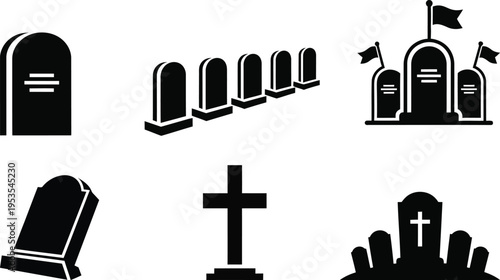 Memorial elements icons set including tombstones crosses and mausoleum