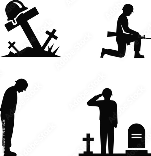 Memorial elements silhouette icons for remembrance and tribute