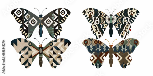 Four decorative butterflies with intricate geometric patterns displayed against white