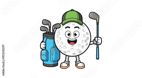 Cheerful cartoon golf ball character wearing a cap holding a club next to a bag
