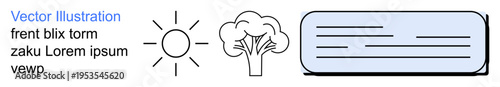 Nature conservation, environmental concepts, messaging, design assets, signage, minimal graphics. a sun, tree and rectangular text space. Nature and environmental illustrated