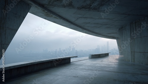 Modern Concrete Architecture with Foggy Cityscape View.