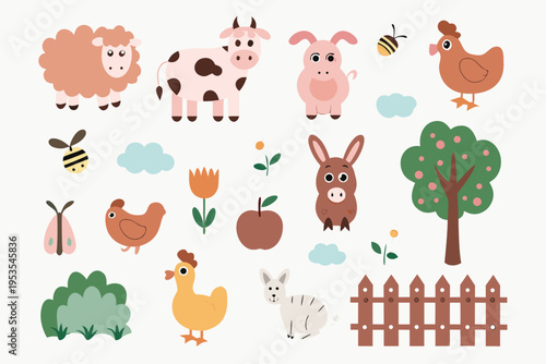 A colorful collection of farm animals plants and decorative elements
