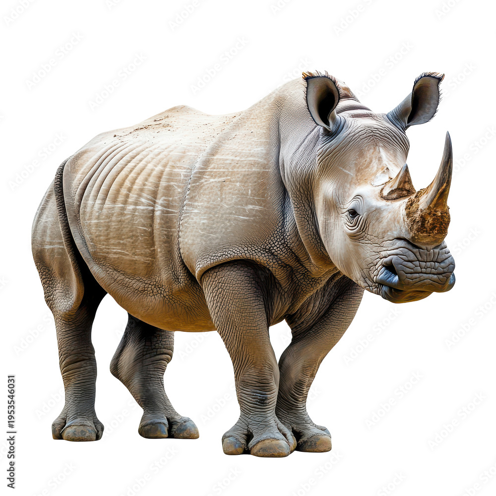 Fototapeta premium Rhino standing on its legs in a natural position while looking toward the viewer in a neutral background setting