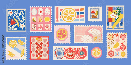 Colorful illustrated postage stamps featuring fruit flowers and bicycle motifs
