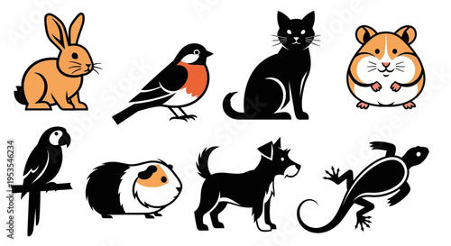 Collection of various pets and animals in a clean, illustrative style.