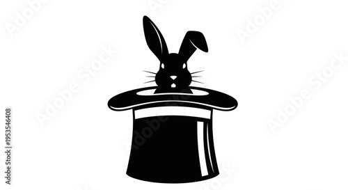Black and white illustration of a rabbit emerging from a magicians top hat.